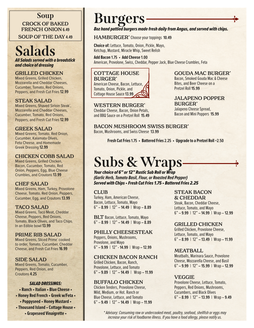 The Cottage House Restaurant Photo Menu 4