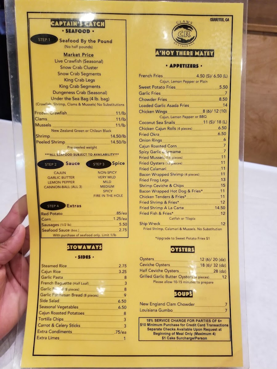 Claws Restaurant Photo Menu 1