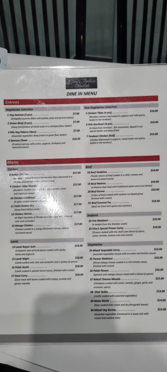 Vino's Indian Dhaba Photo Menu 1