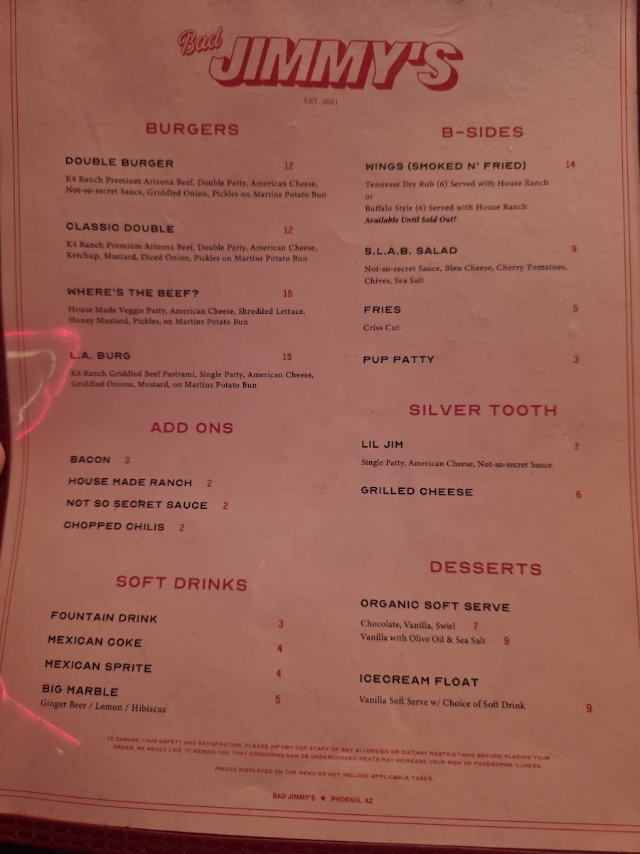 Bad Jimmy's Scottsdale Photo Menu 1
