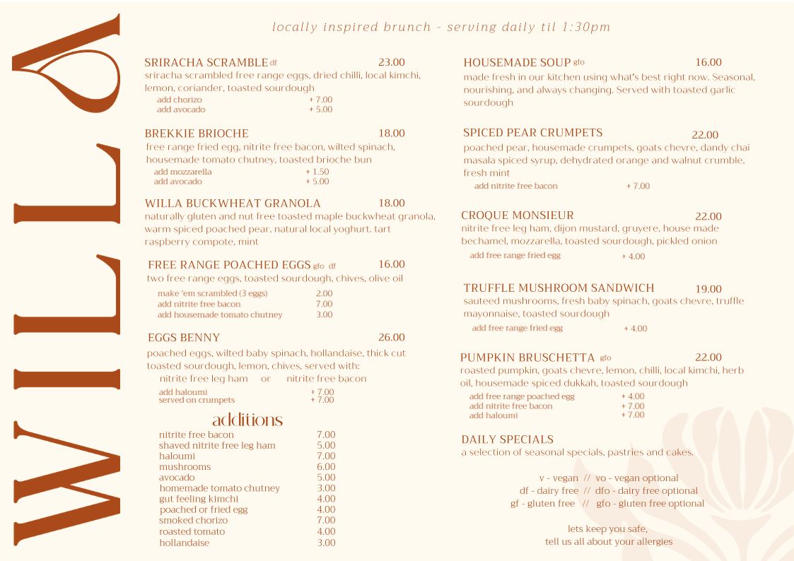 Willa Coffee Shop Photo Menu 1