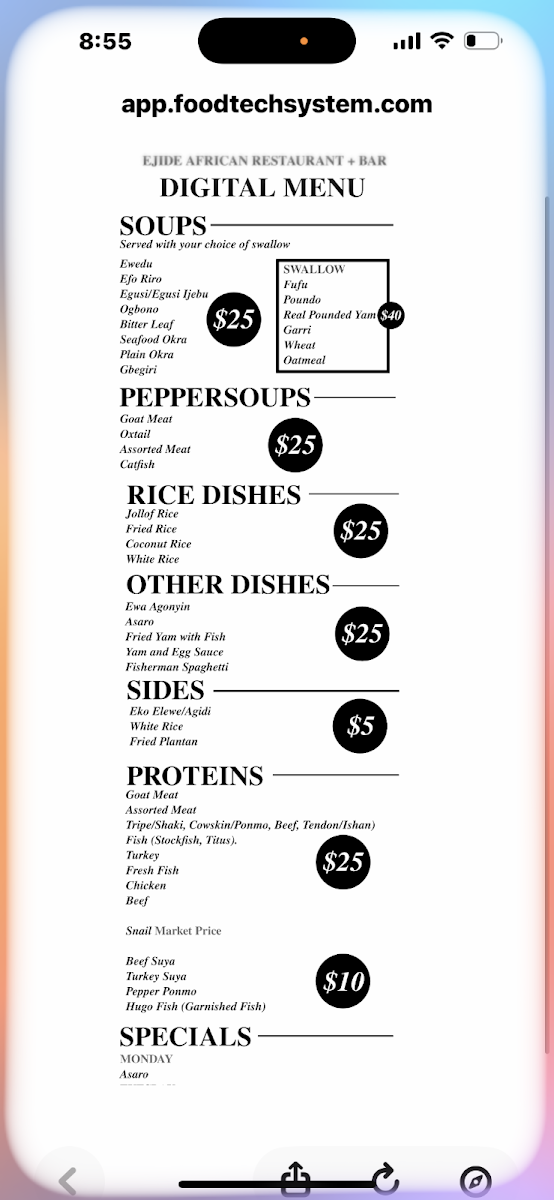 EJIDE AFRICAN RESTAURANT AND BAR Photo Menu 1
