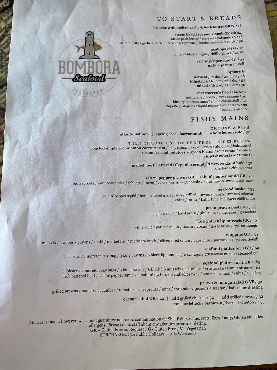 Bombora Seafood Cafe/Restaurant Photo Menu 2