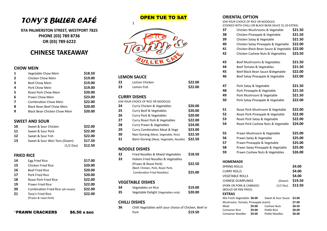Tony’s Buller Cafe Chinese takeaway Photo Menu 1