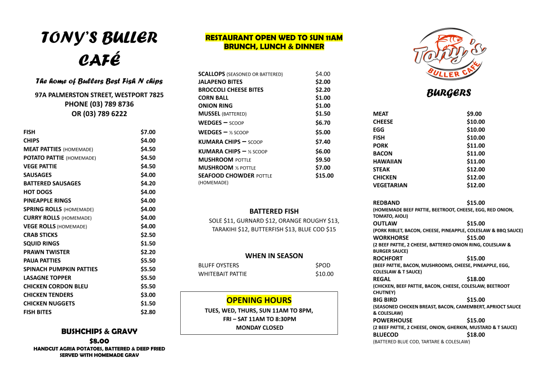 Tony’s Buller Cafe Chinese takeaway Photo Menu 2
