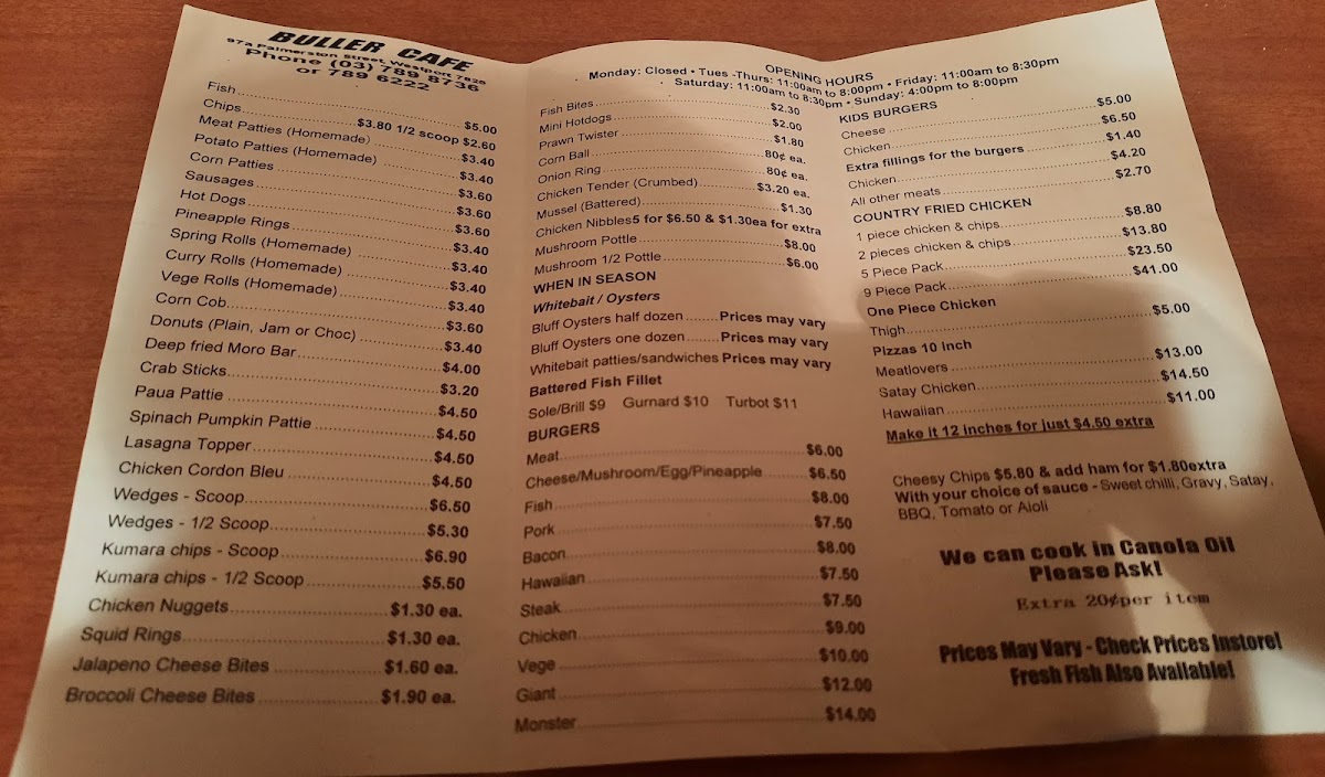 Tony’s Buller Cafe Chinese takeaway Photo Menu 8