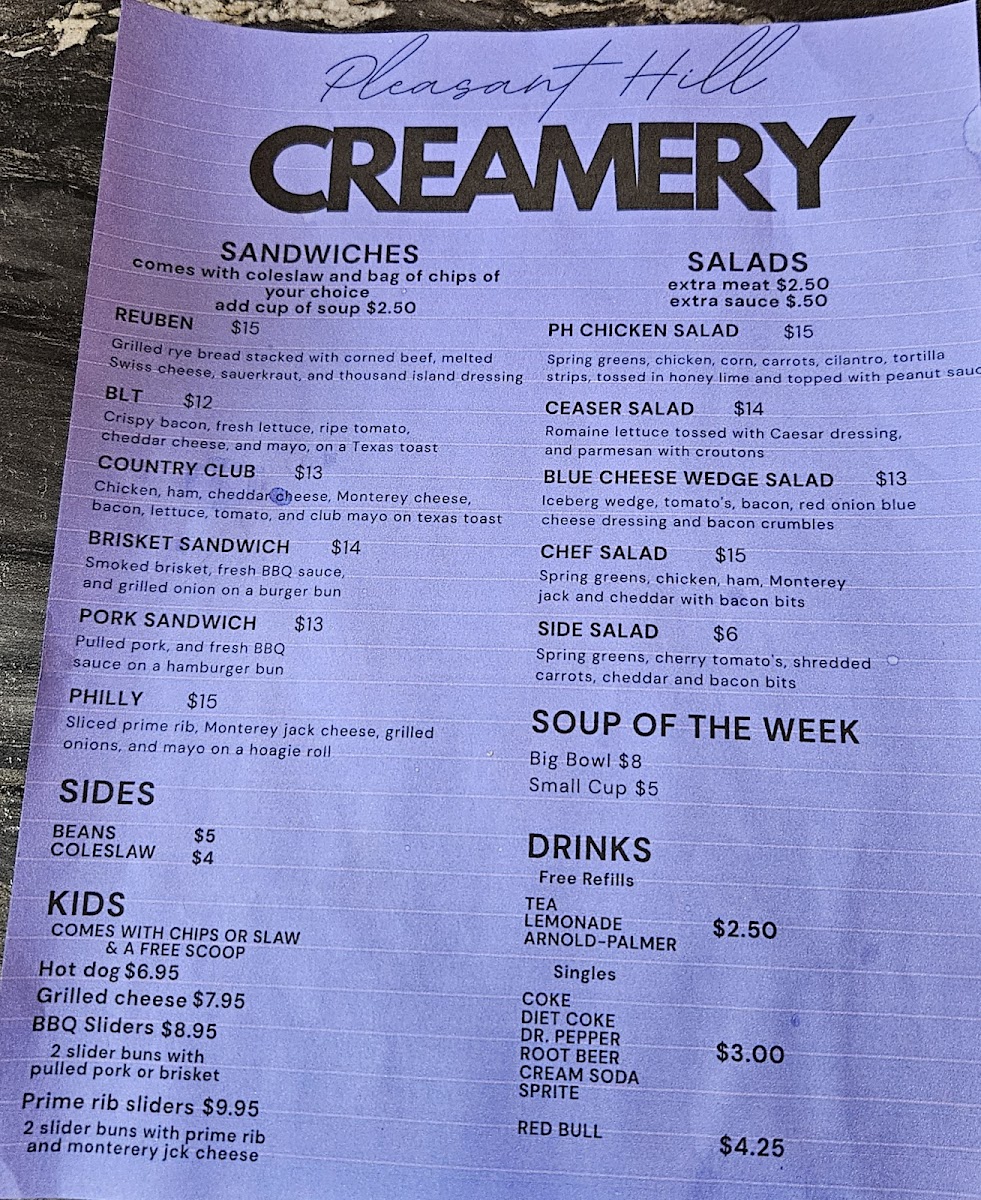 Pleasant Hill Creamery Photo Menu 1