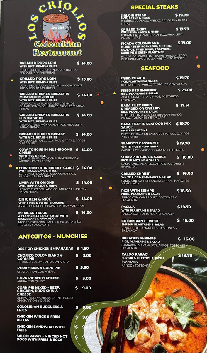 Los Criollos Colombian Restaurant Photo Menu 1