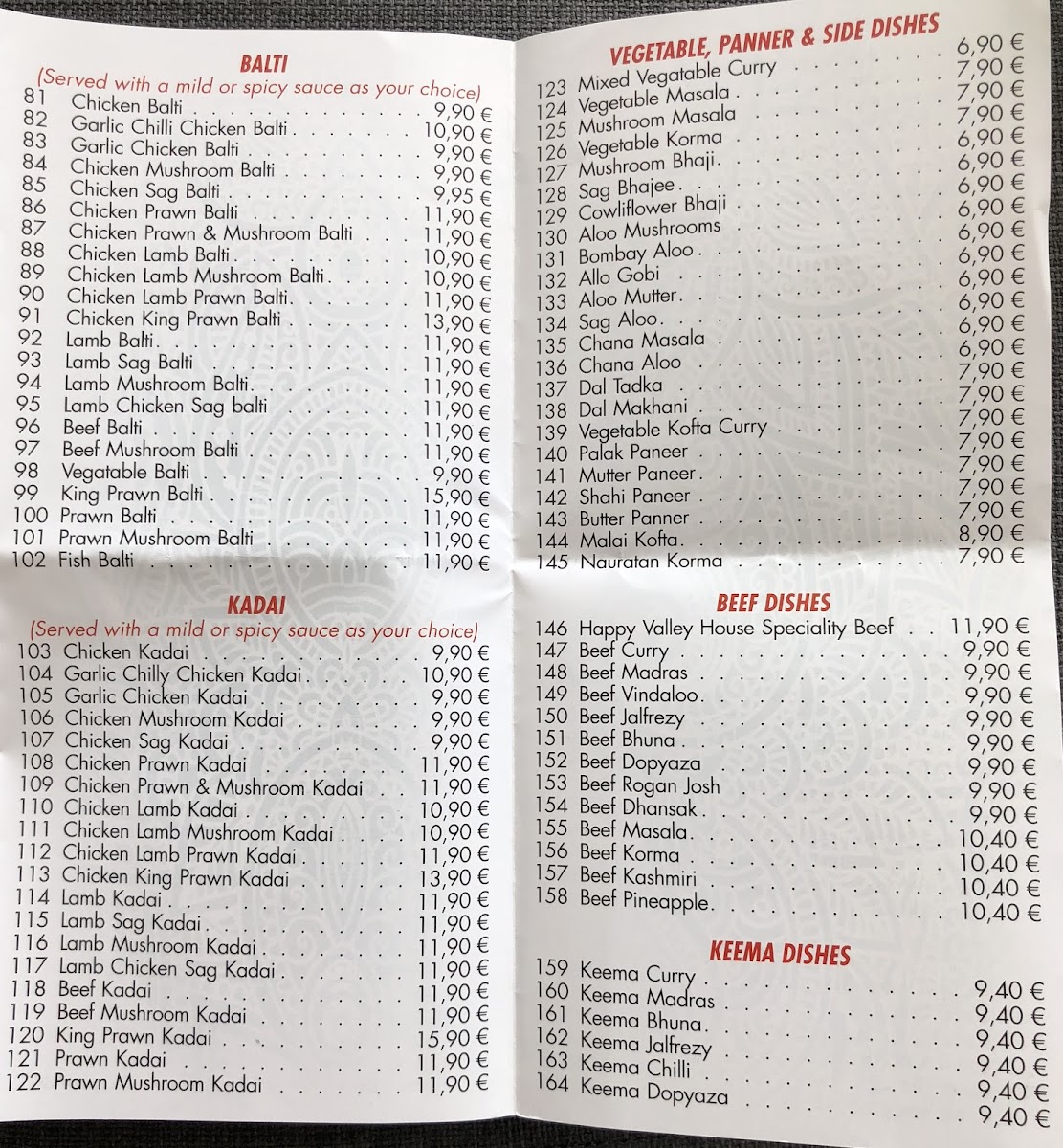 Happy Valley Indian Resturant Photo Menu 9