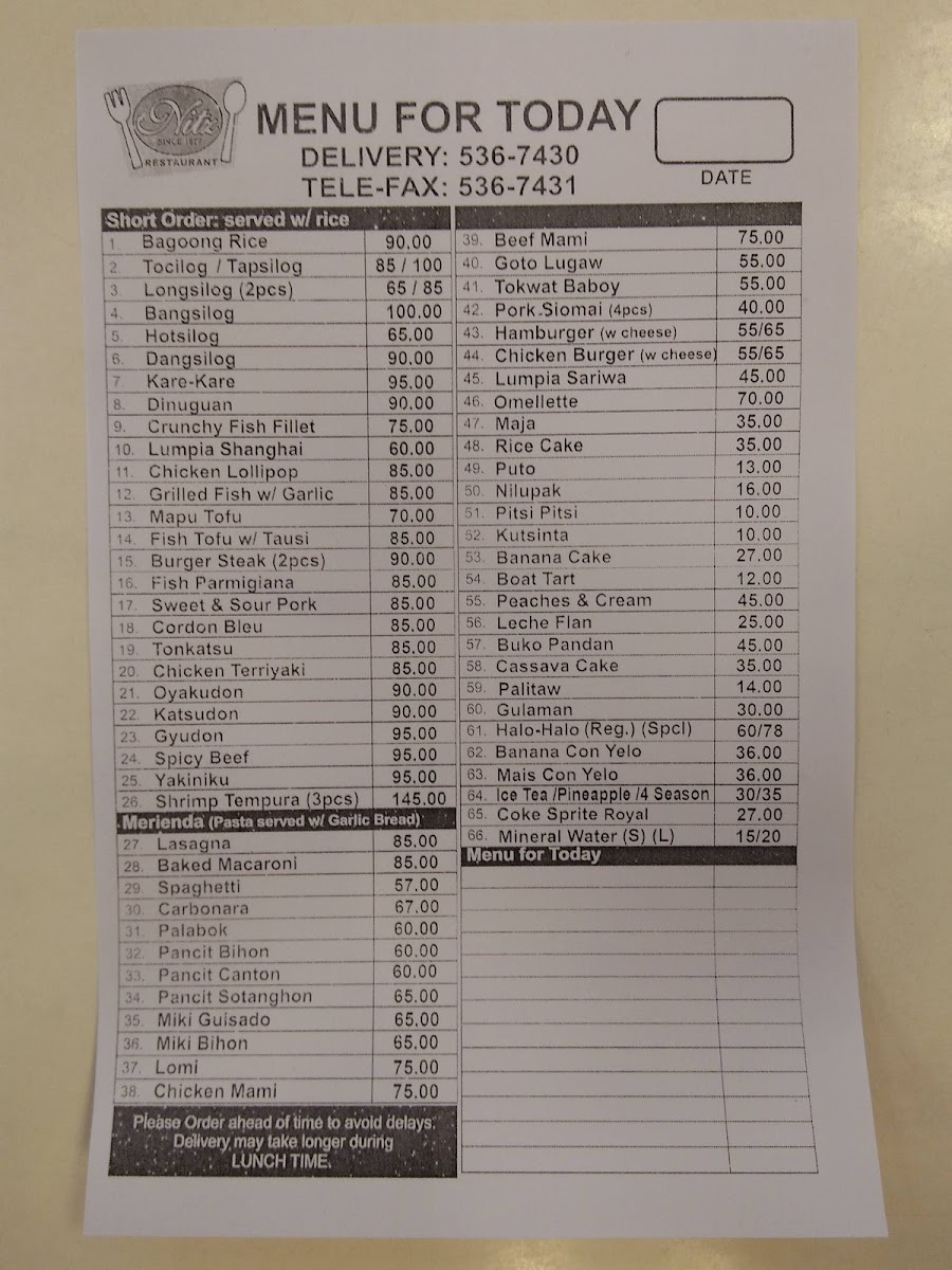 Nitz Restaurant Photo Menu 1