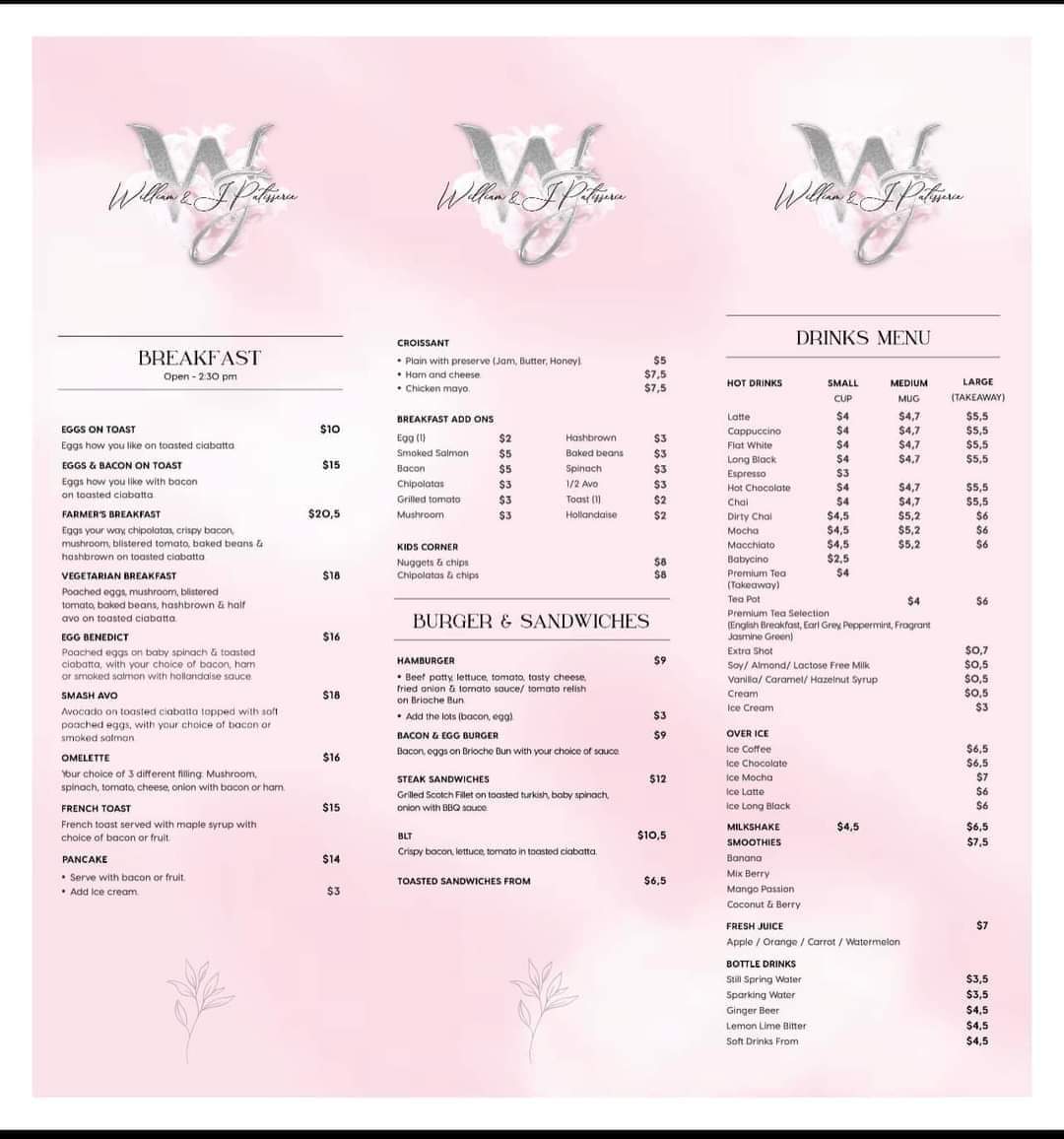 William and J Patisserie Photo Menu 1