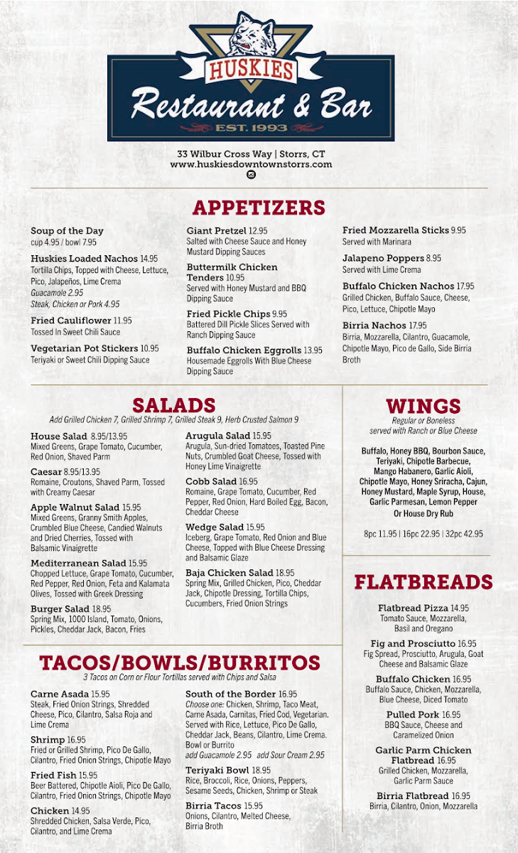 Huskies Restaurant and Bar Downtown Storrs Photo Menu 3