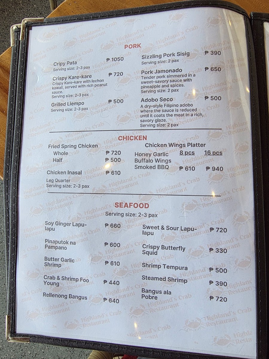 Highland's Crab Restaurant Photo Menu 1