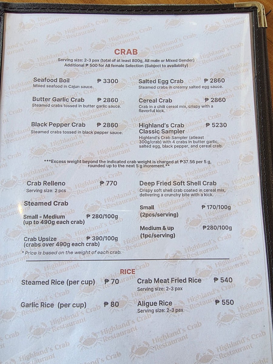 Highland's Crab Restaurant Photo Menu 2