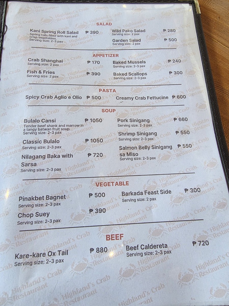 Highland's Crab Restaurant Photo Menu 3