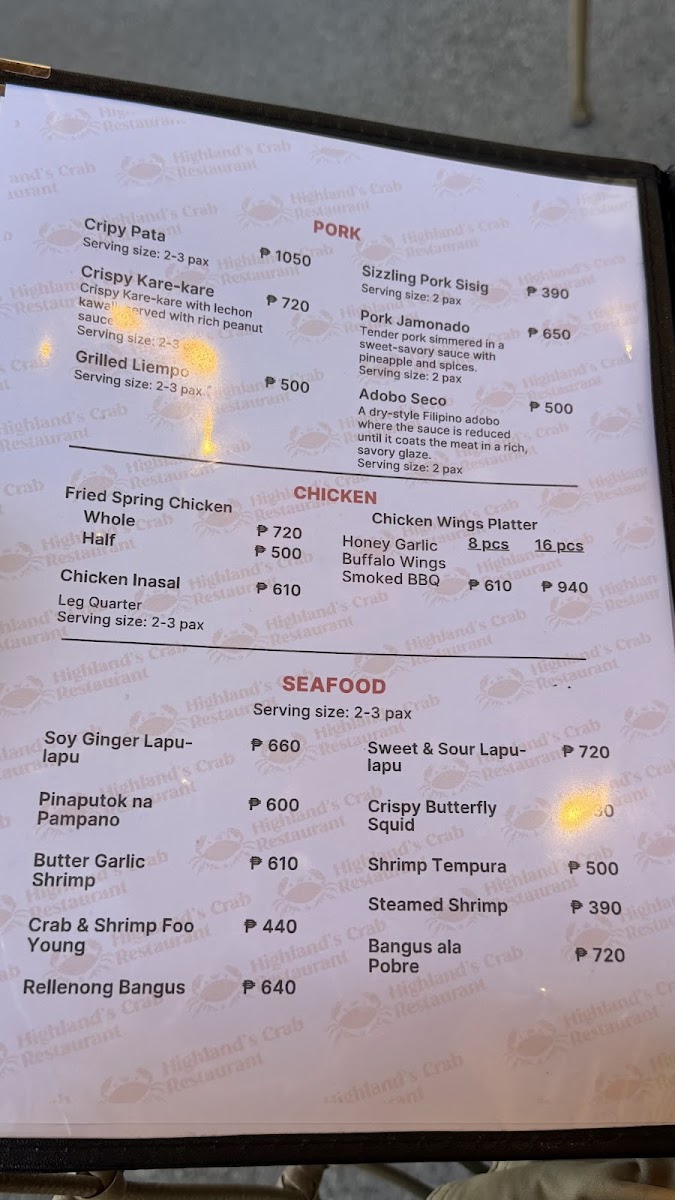 Highland's Crab Restaurant Photo Menu 4