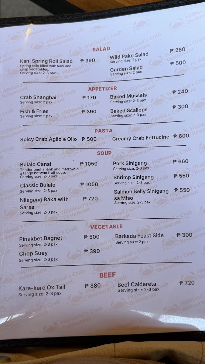 Highland's Crab Restaurant Photo Menu 5