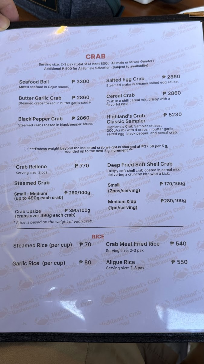 Highland's Crab Restaurant Photo Menu 8