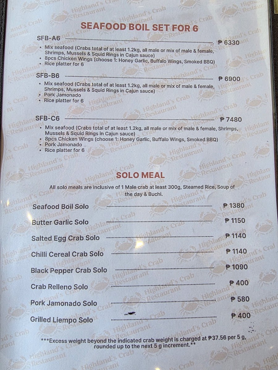 Highland's Crab Restaurant Photo Menu 9