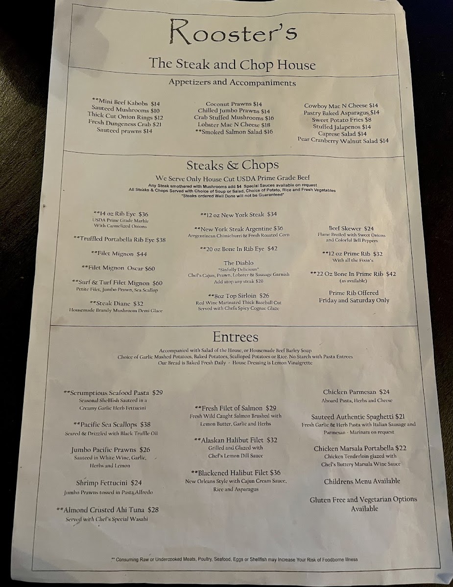 Roosters Steak & Chop House Photo Menu 1
