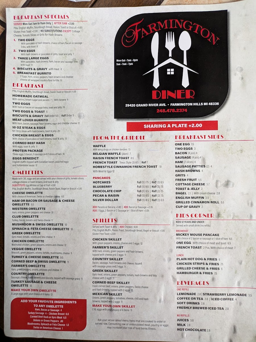 Farmington Diner Photo Menu 1