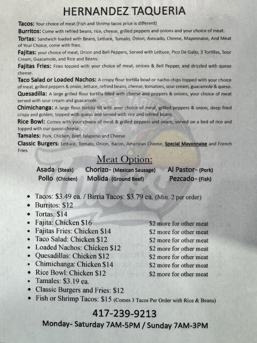 Hernandez Taqueria Photo Menu 1