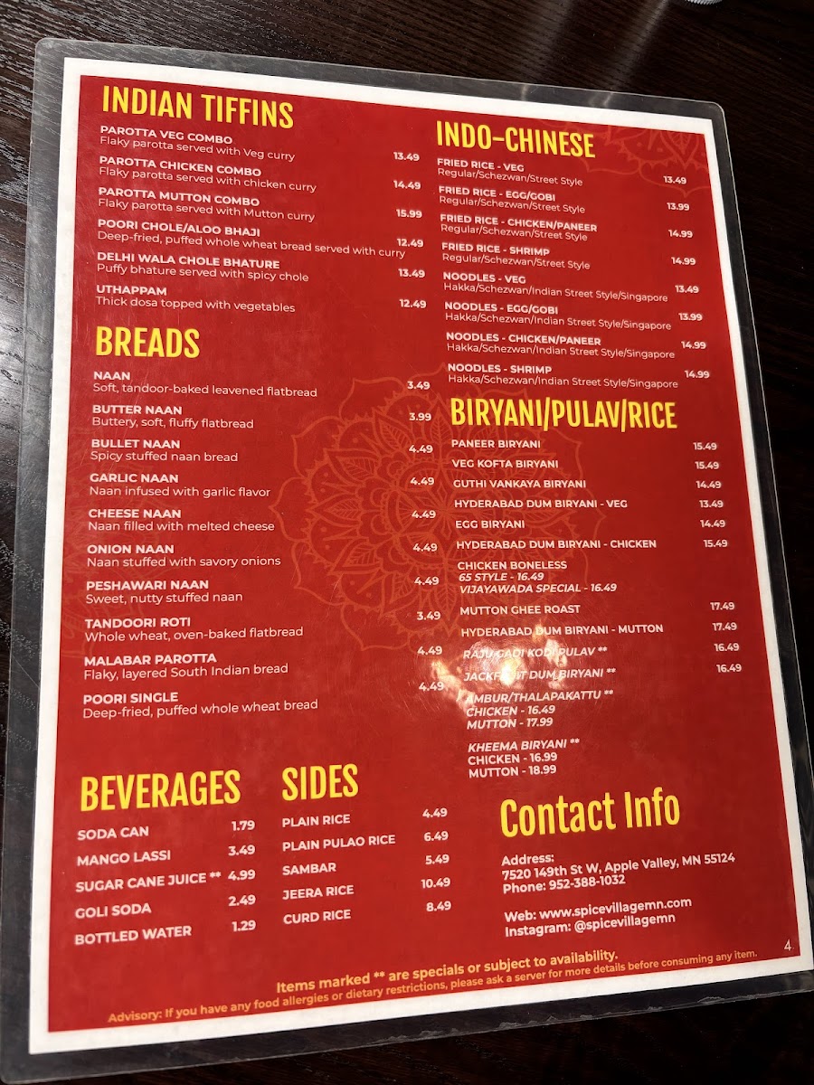 Spice Village (Indian Restaurant & Grocery) Photo Menu 2