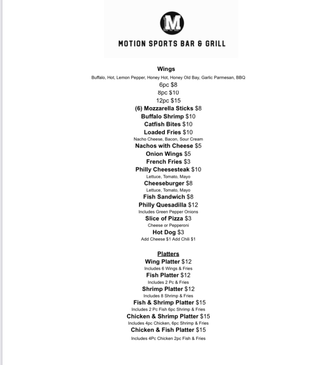 Motion Sports Bar & Grill Photo Menu 1