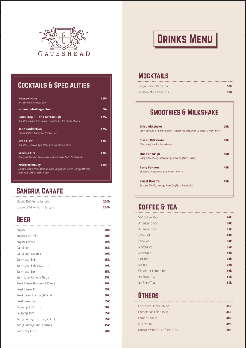 Gateshead Bar & Resto Photo Menu 2