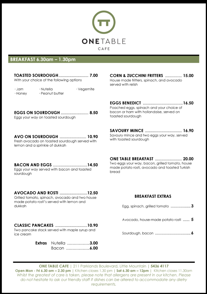 One Table Cafe - Little Mountain Photo Menu 1