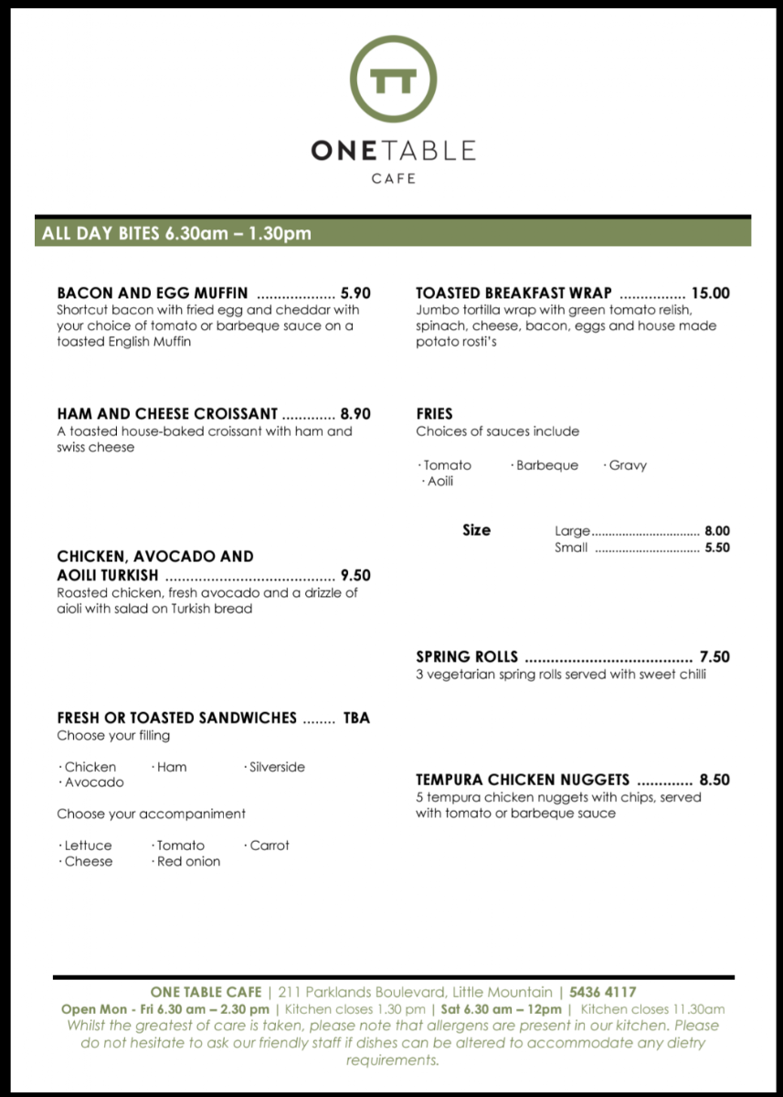 One Table Cafe - Little Mountain Photo Menu 2