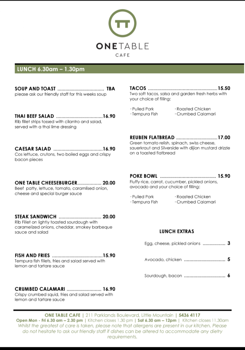 One Table Cafe - Little Mountain Photo Menu 3