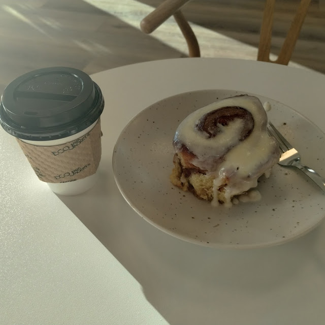 Small Hot House Blend Coffee and Cinnamon Roll