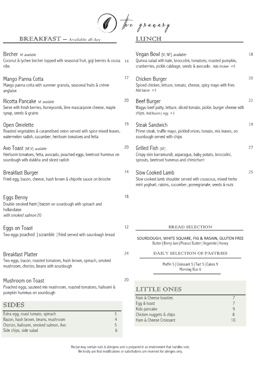 The Granary Cafe Summer Hill Photo Menu 1