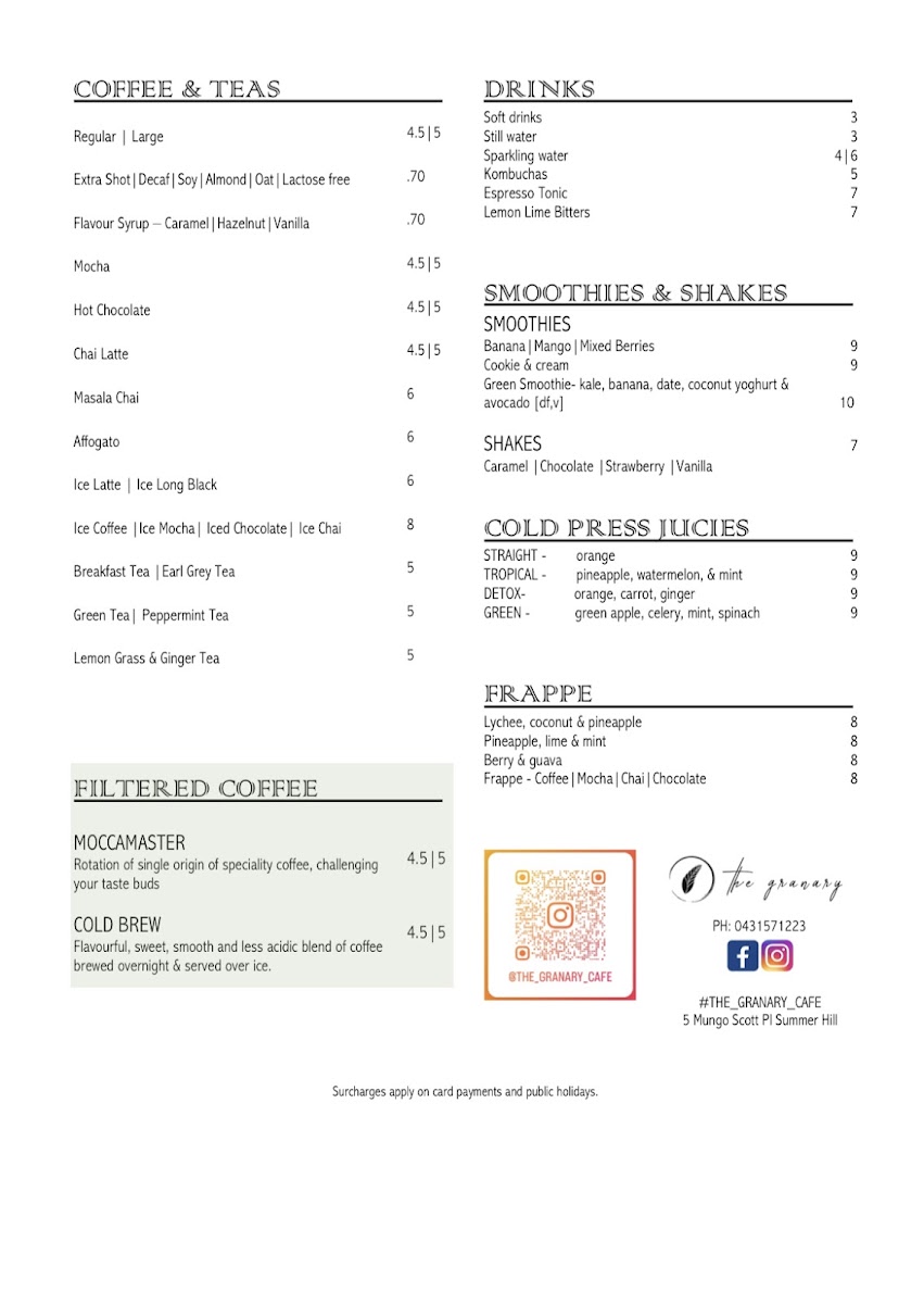 The Granary Cafe Summer Hill Photo Menu 2