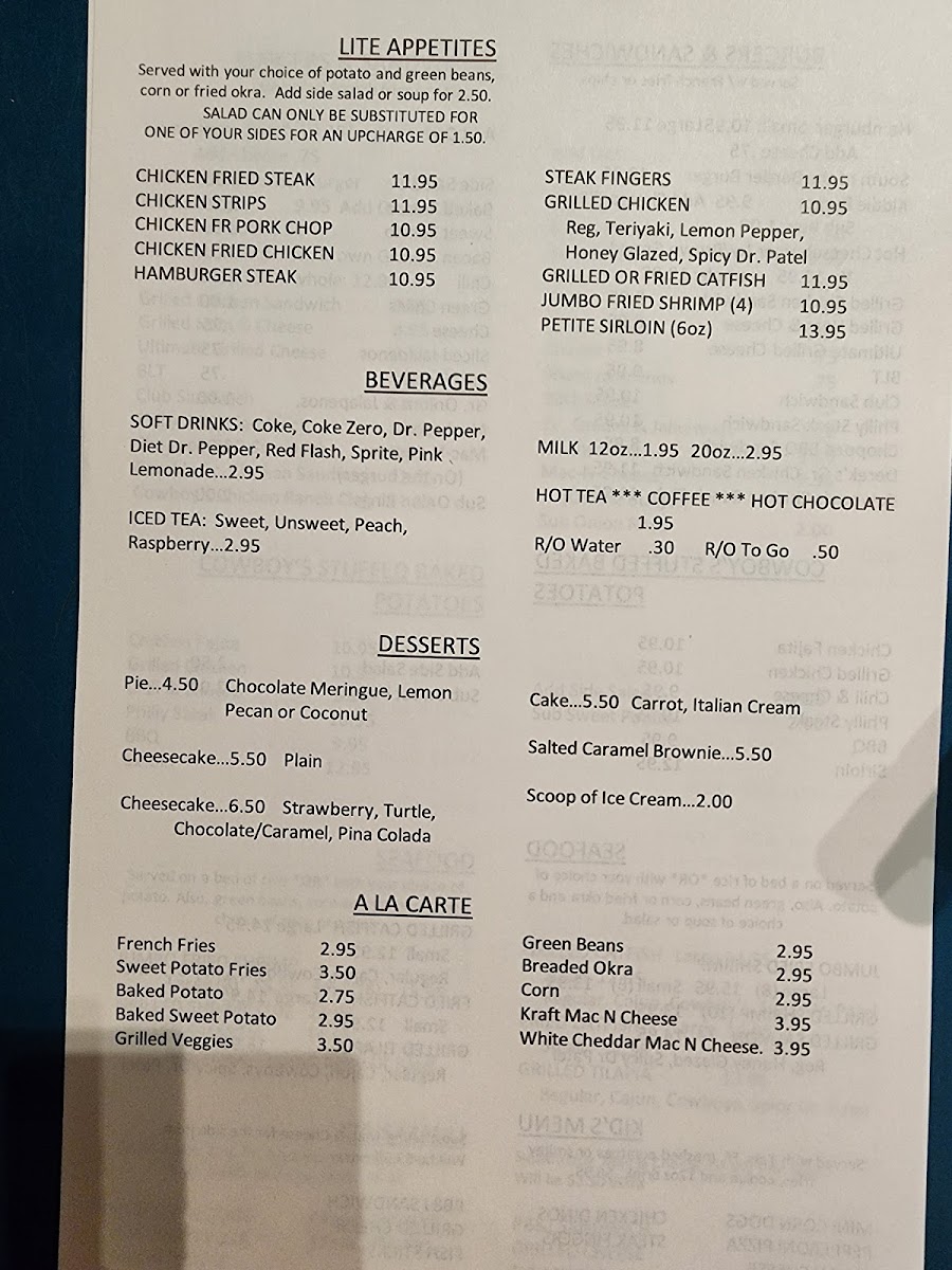 Cowboy's Steakhouse & Restaurant Photo Menu 1