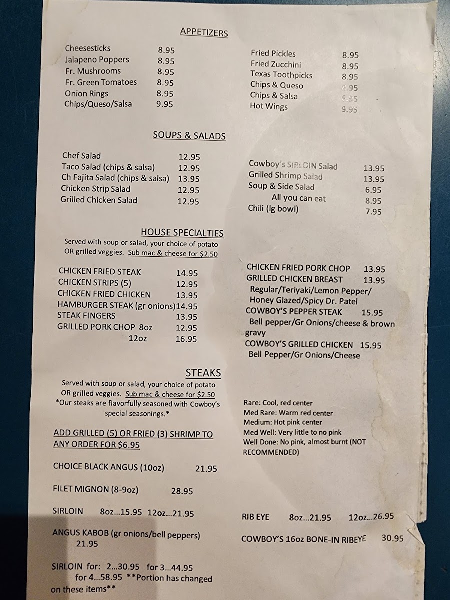 Cowboy's Steakhouse & Restaurant Photo Menu 2