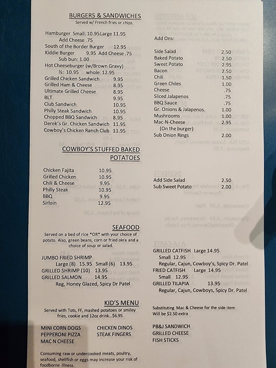Cowboy's Steakhouse & Restaurant Photo Menu 3