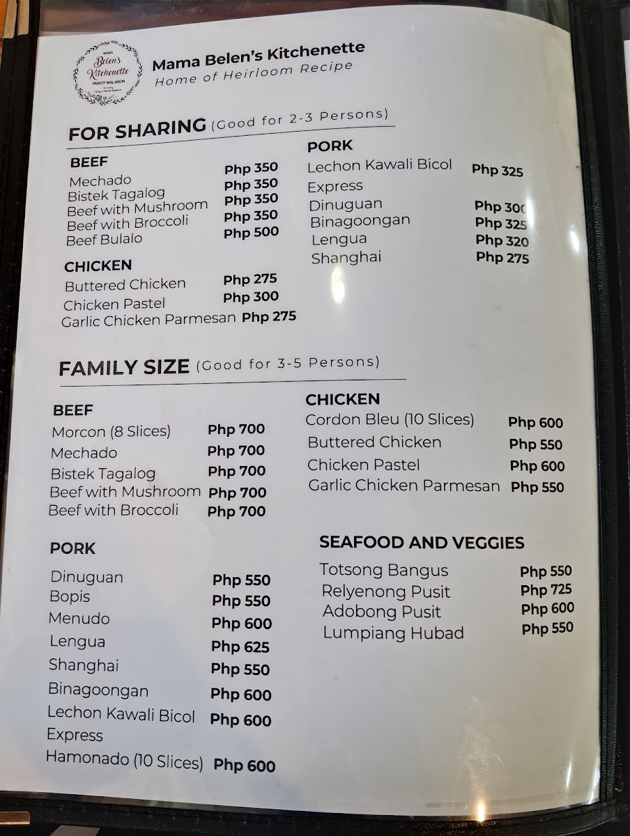 Belen's Kitchenette formerly Rosy's Pancit Malabon Photo Menu 1