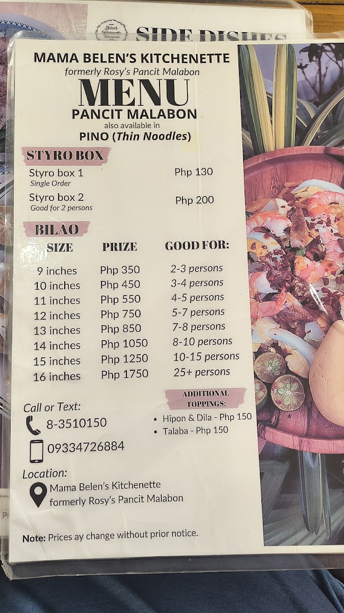 Belen's Kitchenette formerly Rosy's Pancit Malabon Photo Menu 9