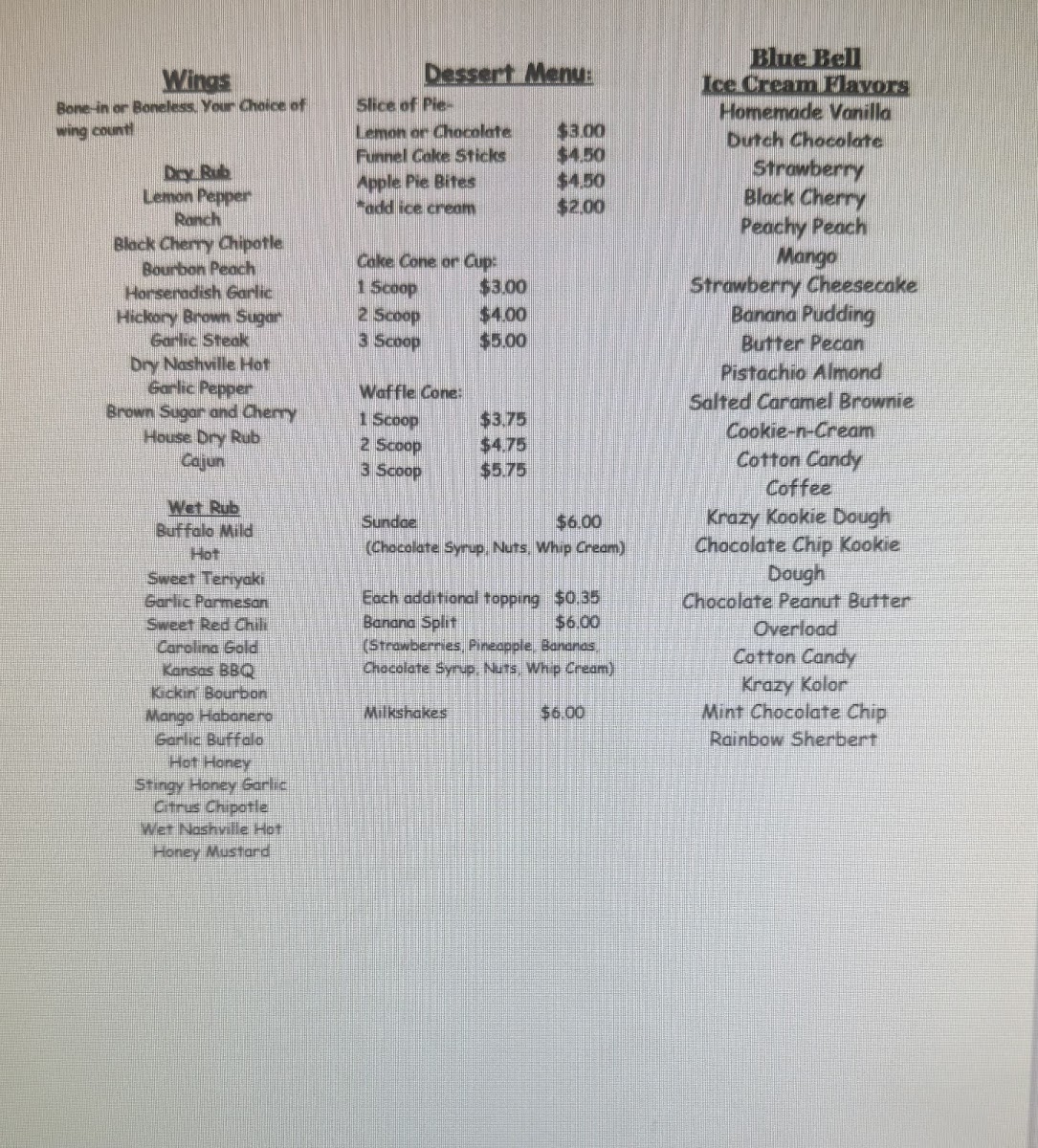 Amanda’s Diner Photo Menu 1