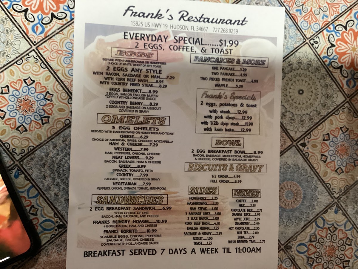 Frank's Restaurant Photo Menu 1