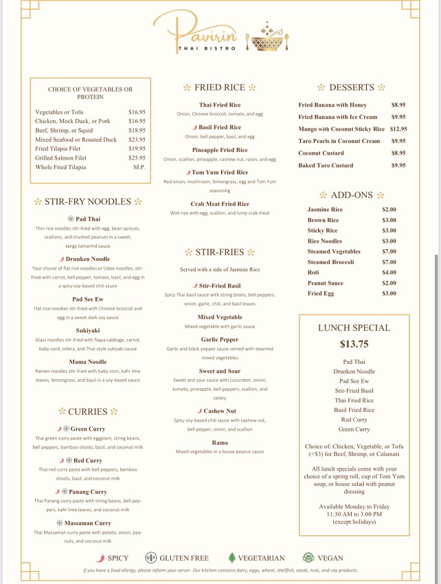 Pavirin Thai Bistro Photo Menu 1