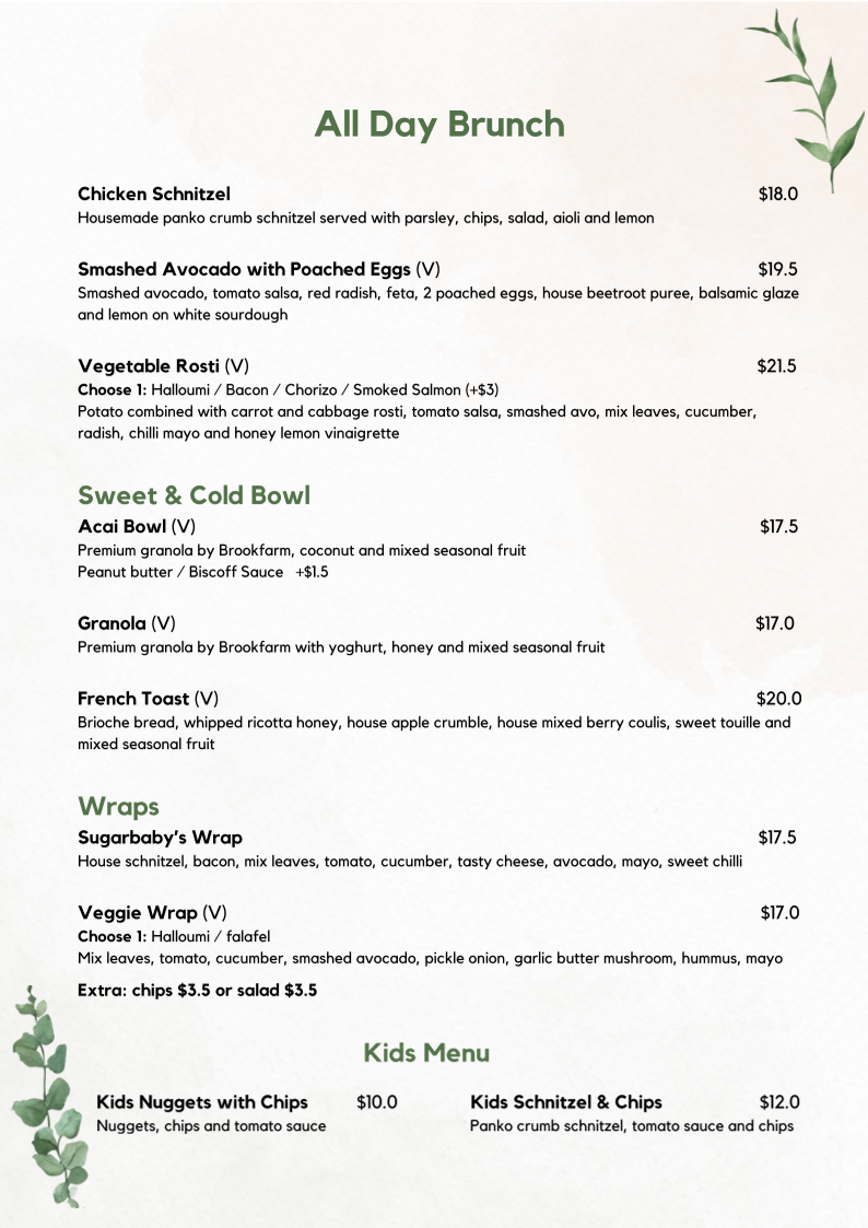 Sugarbaby Cafe Randwick Photo Menu 1