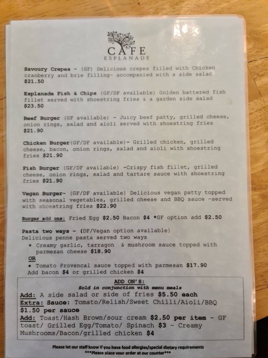 Cafe Esplanade Photo Menu 1