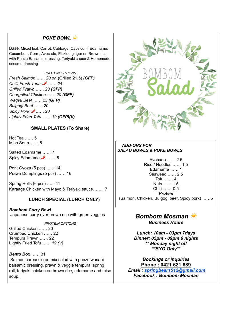 BOMBOM Fusion lunch dinner takeaway Photo Menu 1