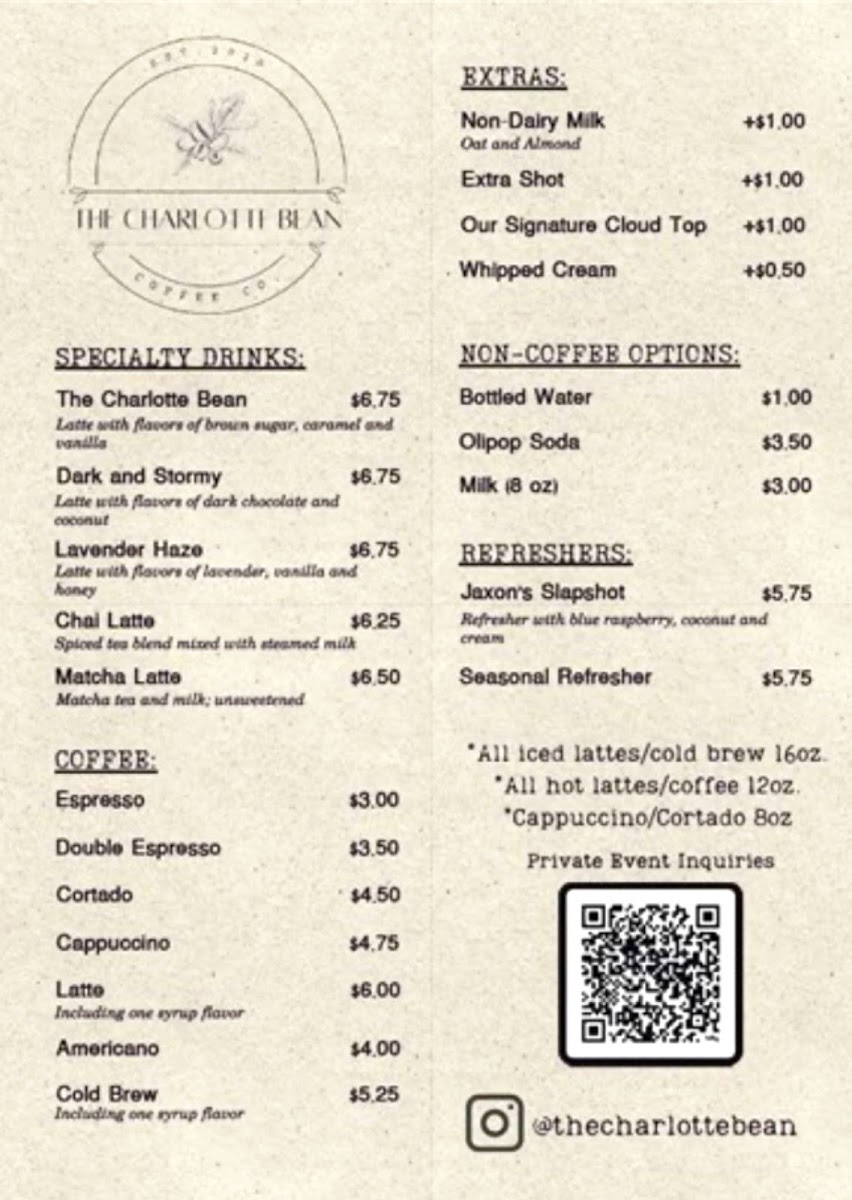 The Charlotte Bean Coffee Co. Photo Menu 2