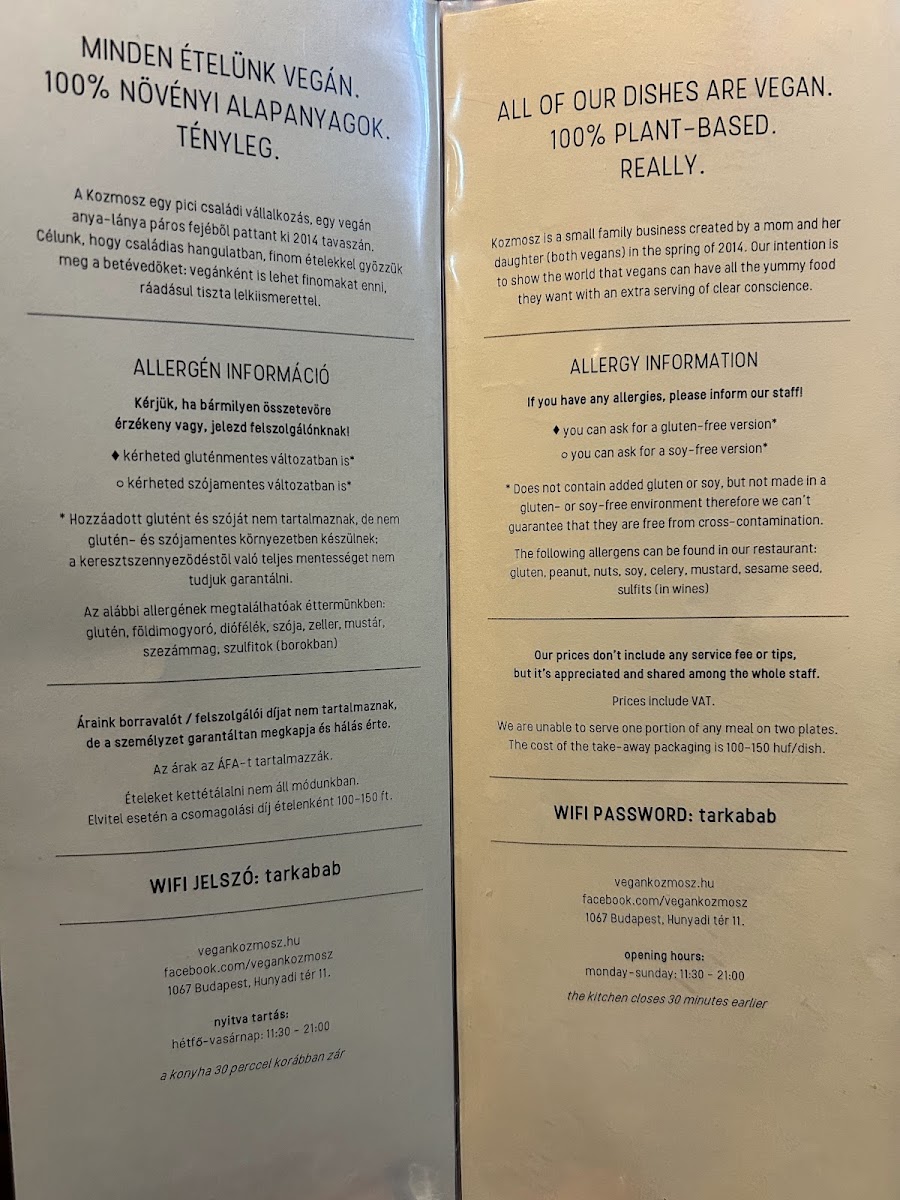 Kozmosz Vegan Restaurant Photo Menu 1