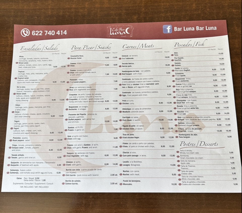 Café Bar Luna Photo Menu 1
