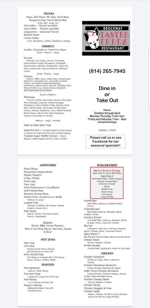 Brockway Tastee Freez Photo Menu 5